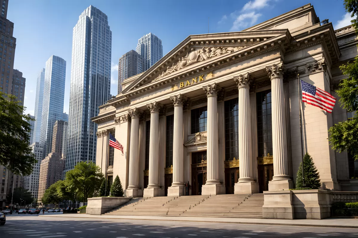 Klassisches Bankgebäude mit Säulen in der Großstadt