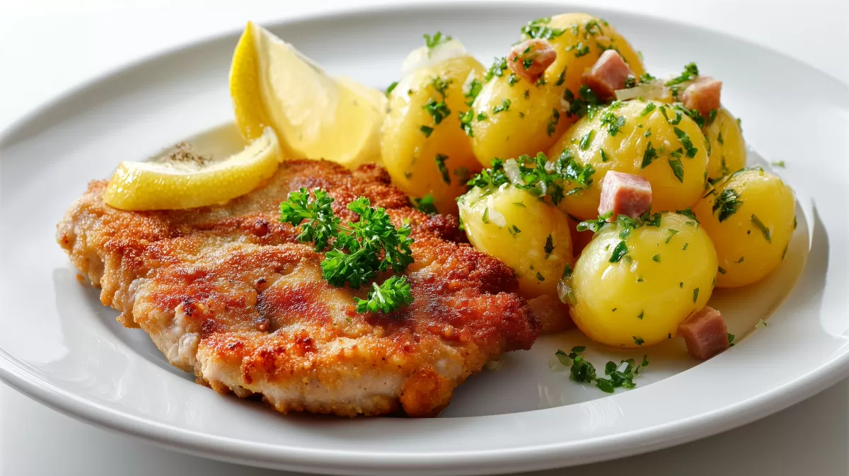 Klassisches Bauernschnitzel mit Bratkartoffeln und Zitrone