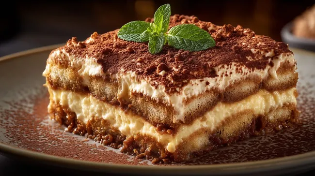 Klassisches italienisches Tiramisu-Dessert mit Minze dekoriert