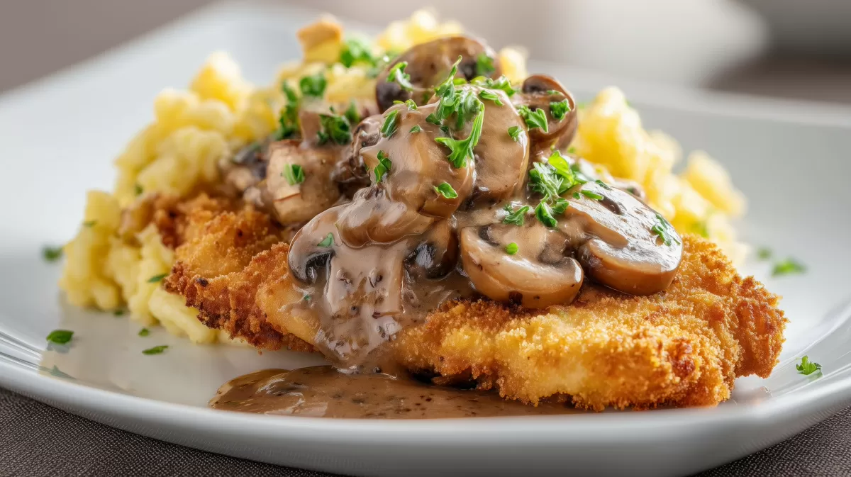 Klassisches Jägerschnitzel mit Pilzsoße und Kartoffeln