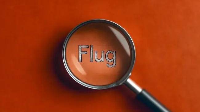 Klassisches Lupe-Motiv mit Schlüsselbegriff 'Flug' auf orangefarbenem Hintergrund