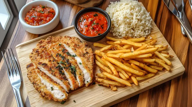 Klassisches Schnitzel mit Pommes und Tomatensauce