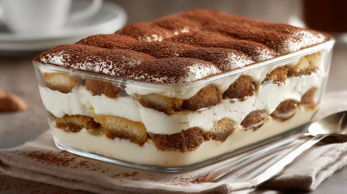 Klassisches Tiramisu in Glasform mit Kakaopulver