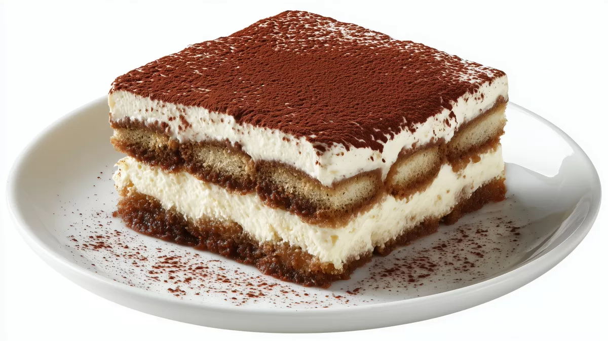 Klassisches Tiramisu mit Kakao auf weißem Teller