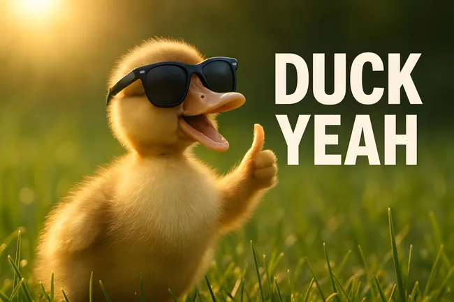 Kleine Ente mit Sonnenbrille und Daumen hoch