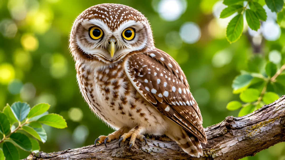 Kleine Eule sitzt auf Ast im grünen Wald