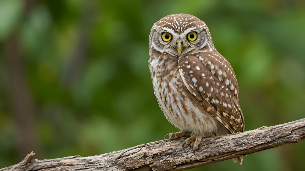 Kleine Eule sitzt aufmerksam auf einem Ast im Wald