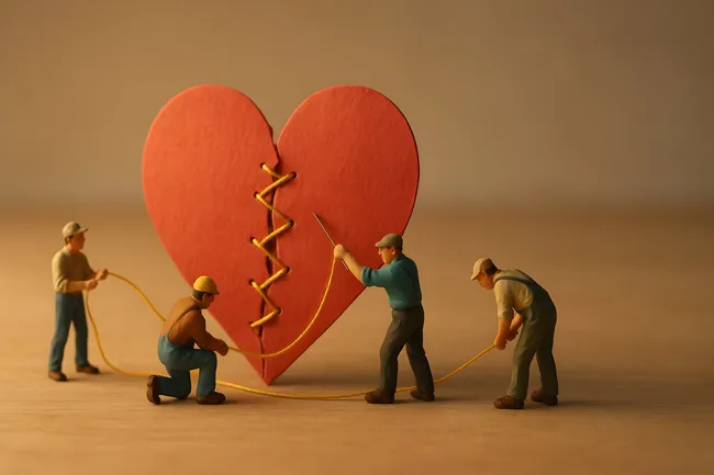 Kleine Figuren reparieren ein gebrochenes Herz