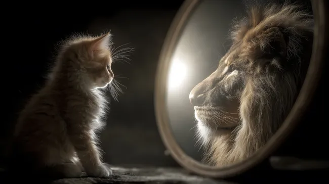 Kleine Katze betrachtet sich im Löwenspiegelbild