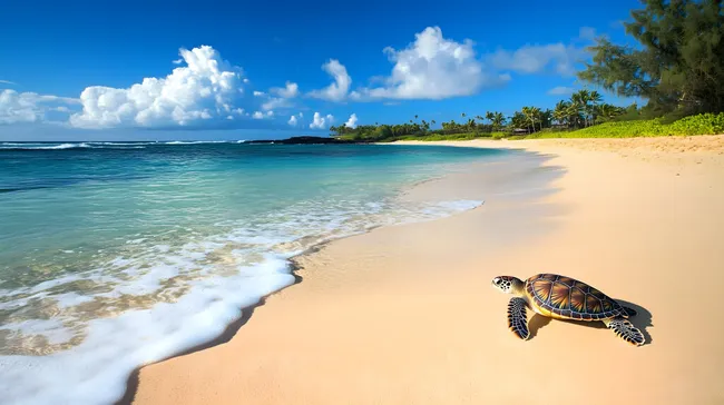 Kleine Schildkröte am idyllischen Sandstrand