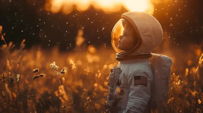 Kleiner Astronaut in leuchtender Natur