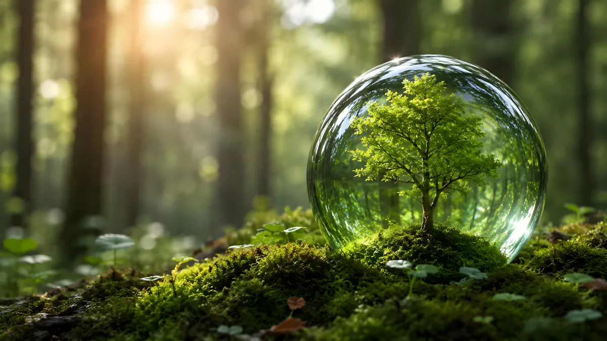 Kleiner Baum in Glaskugel auf moosigem Waldboden