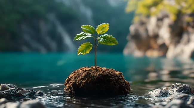 Kleiner Baum wächst auf schwimmender Erdinsel im Wasser