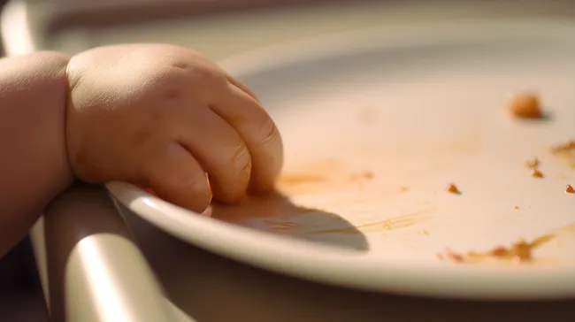 Kleiner Finger greift nach Teller mit Essensresten