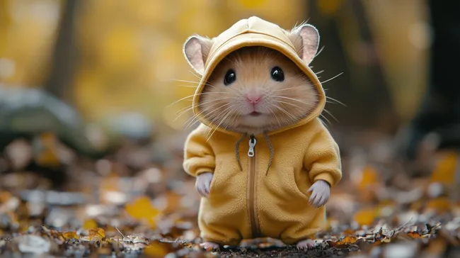 Kleiner Hamster in gelber Jacke im Herbstlaub