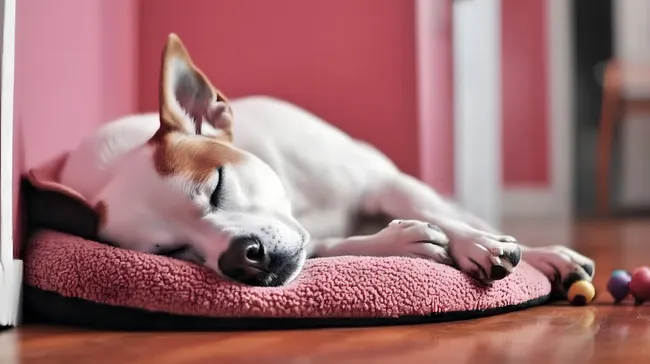 Kleiner Hund schläft gemütlich auf rosa Decke