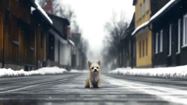 Kleiner Hund wartet allein auf winterlicher Straße