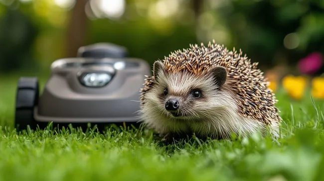 Kleiner Igel auf saftigem Rasen mit Rasenmähroboter