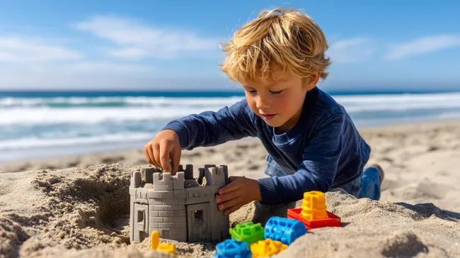 Kleiner Junge baut Sandburg am sonnigen Strand
