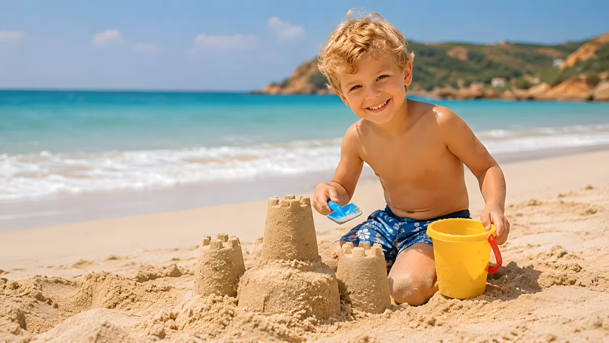 Kleiner Junge baut Sandburg am Strand im Sommer