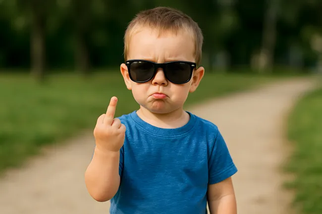 Kleiner Junge in blauem T-Shirt zeigt Mittelfinger im Park