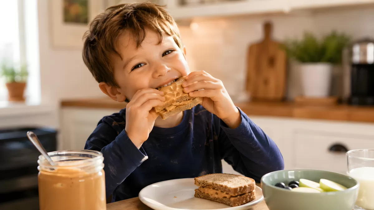 Kleiner Junge isst Erdnussbutter-Toast in Küche