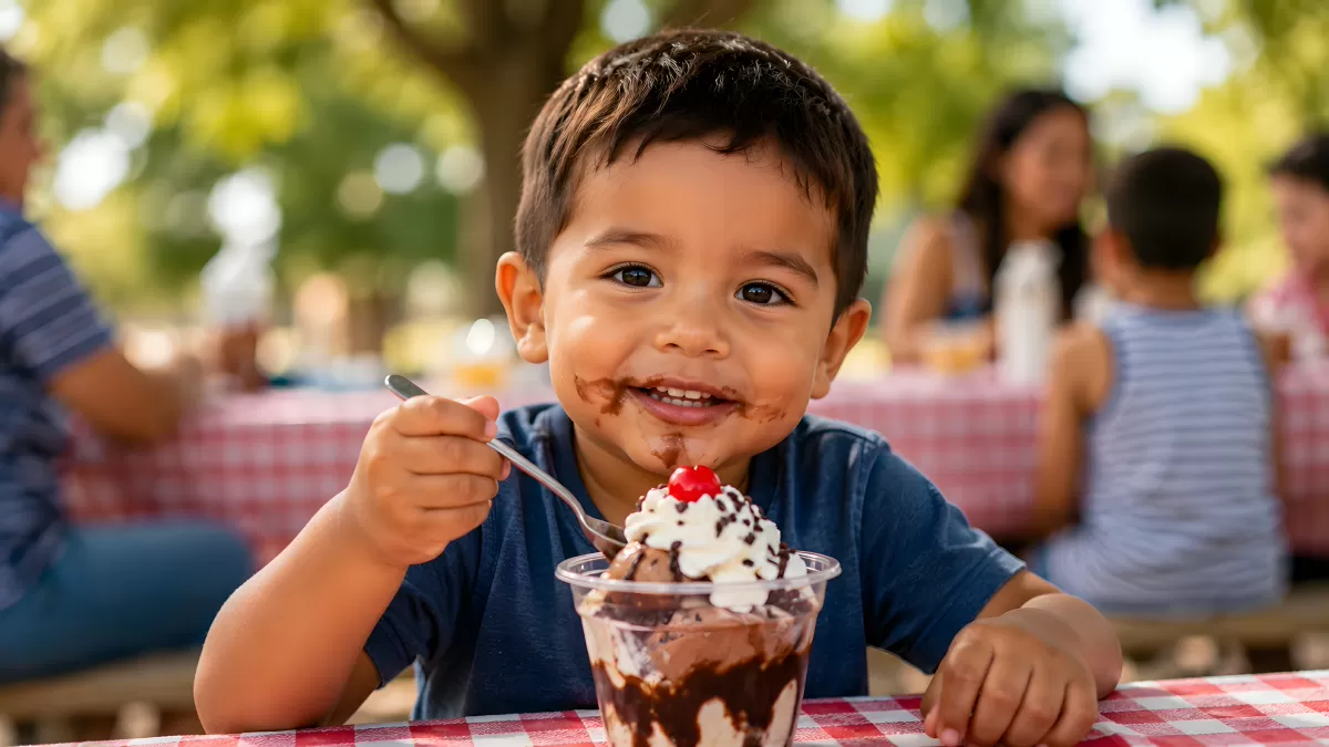 Kleiner Junge isst Schokoladeneis beim Picknick