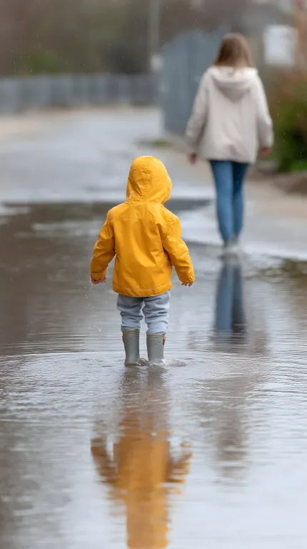 Kleiner Junge läuft durch Pfütze bei Regen