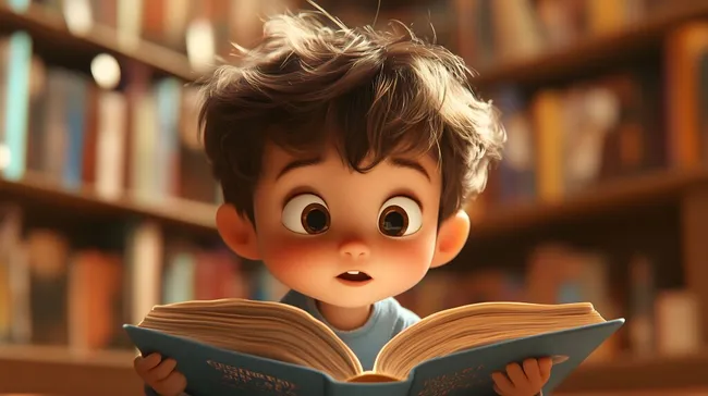 Kleiner Junge liest konzentriert Buch in Bibliothek