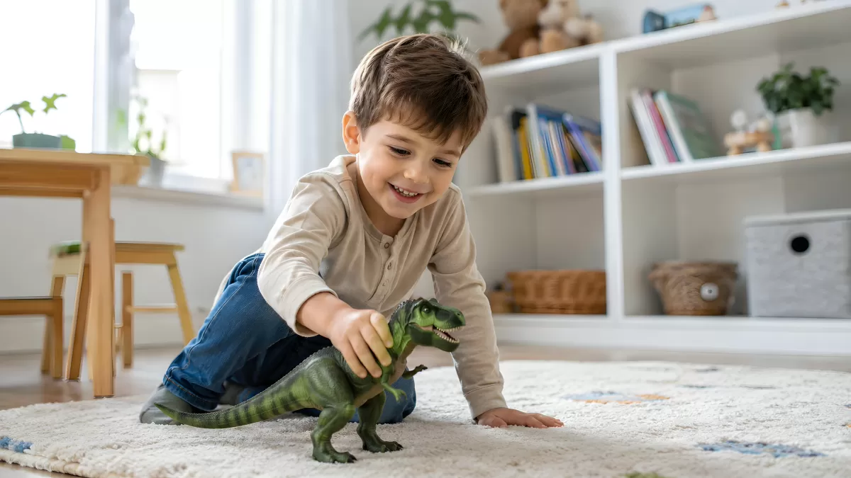 Kleiner Junge spielt mit Dinosaurier-Figur auf Teppich