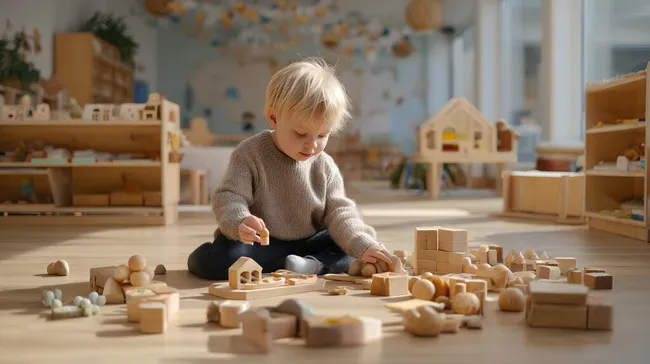 Kleiner Junge spielt mit Holzbauklötzen in sonniger Kindertagesstätte