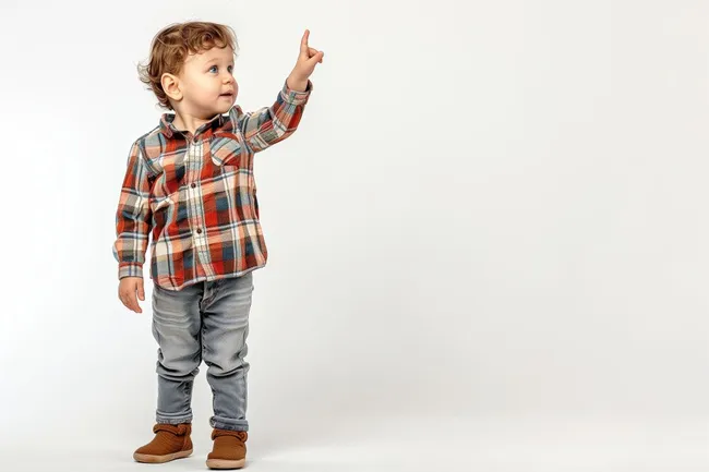 Kleiner Junge zeigt mit dem Finger nach oben