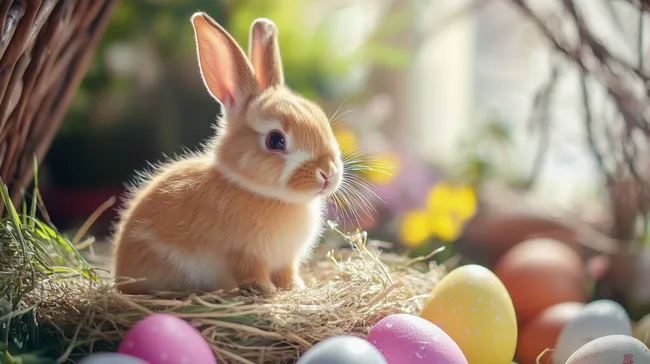 Kleiner Osterhase in einem Nest mit bunten Eiern