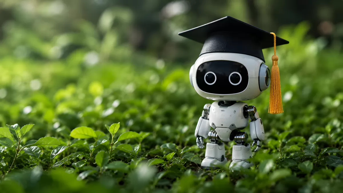 Kleiner Roboter mit Doktorhut in grüner Natur