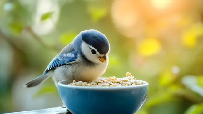 Kleiner Singvogel beim Futterverzehr in sonniger Umgebung