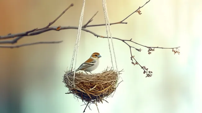 Kleiner Vogel in Nest-Hängematte vor blühendem Ast