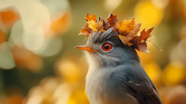 Kleiner Vogel mit Herbstlaub geschmücktem Kopf