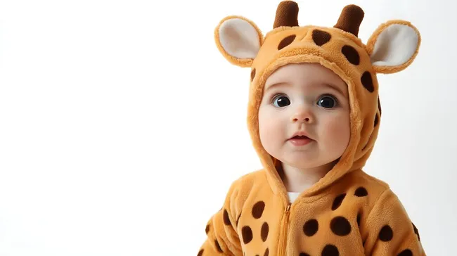 Kleines Baby im Giraffenkostüm vor weißem Hintergrund