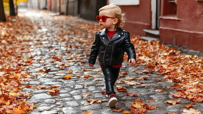 Kleines blondes Mädchen mit Lederjacke in bunter Herbstlandschaft