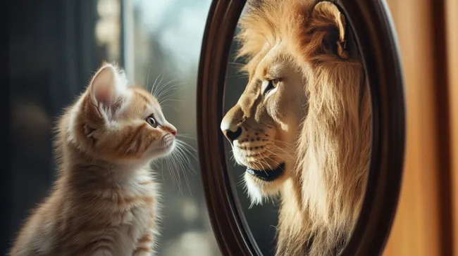 Kleines Kätzchen betrachtet sich im Spiegelbild als Löwe