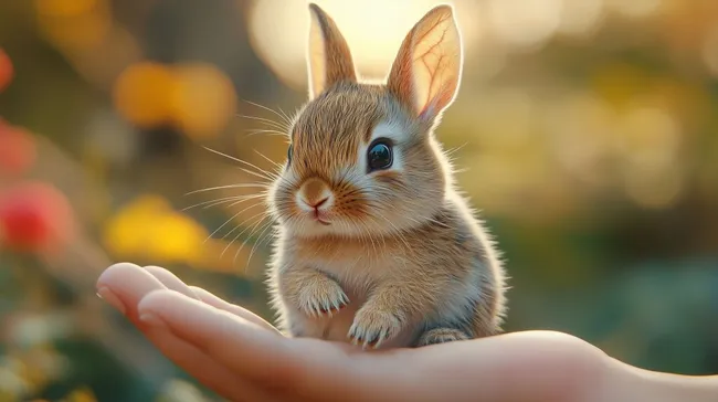 Kleines Kaninchen in menschlicher Hand auf sonnigem Hintergrund