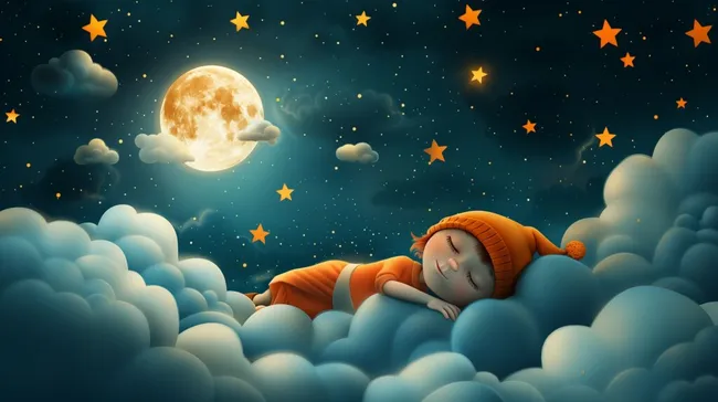 Kleines Kind schläft friedlich unter Sternen und Vollmond