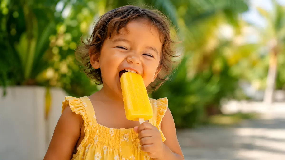 Kleines Mädchen genießt Eis am Stiel im Sommer