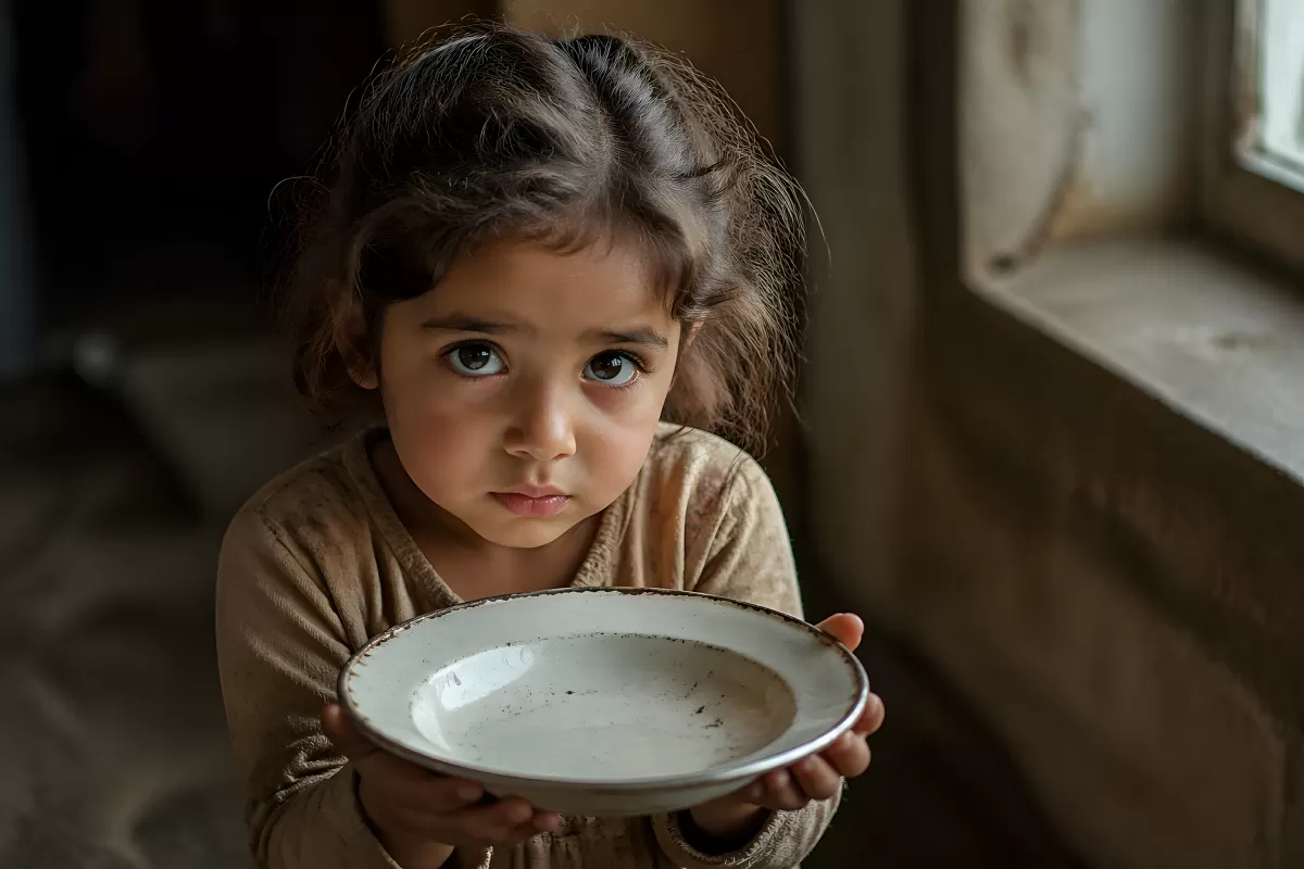 Kleines Mädchen hält leeren Teller – Armut und Hunger
