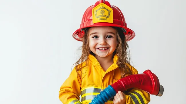 Kleines Mädchen im Feuerwehr-Kostüm mit Schlauch