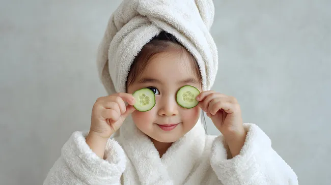 Kleines Mädchen in weißem Bademantel mit Gurkenscheiben auf den Augen