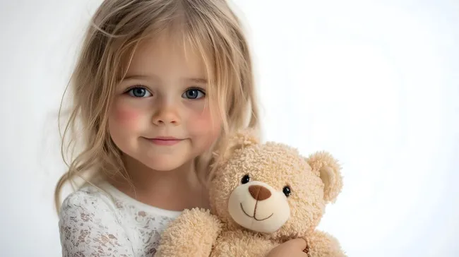 Kleines Mädchen kuschelt Teddybär in Nahaufnahme