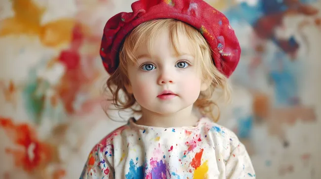 Kleines Mädchen mit Malerkittel vor bunter Leinwand