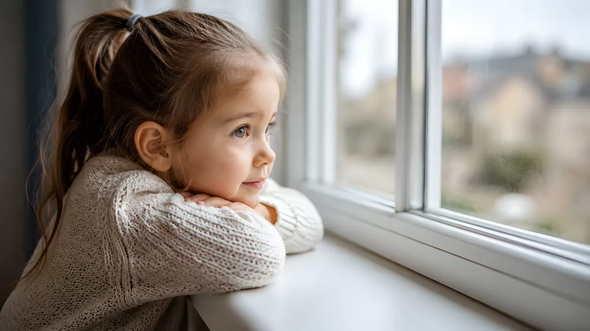 Kleines Mädchen schaut nachdenklich aus dem Fenster