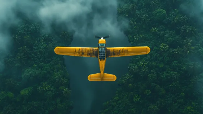 Kleines Propellerflugzeug über üppigem Dschungel